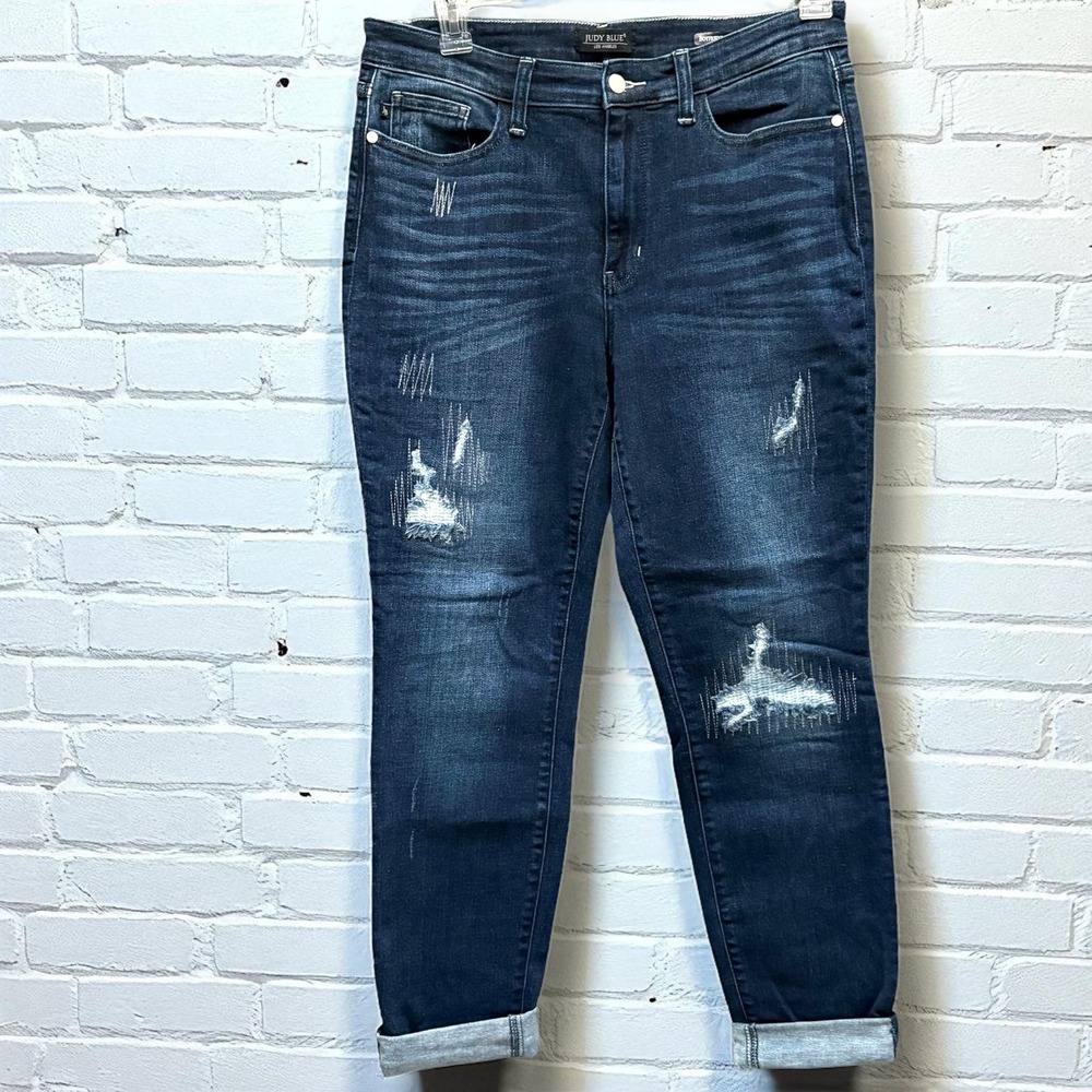 Judy Blue Denim Distressed Skinny Jeans Dark‎ Wash Cuffed Ankle